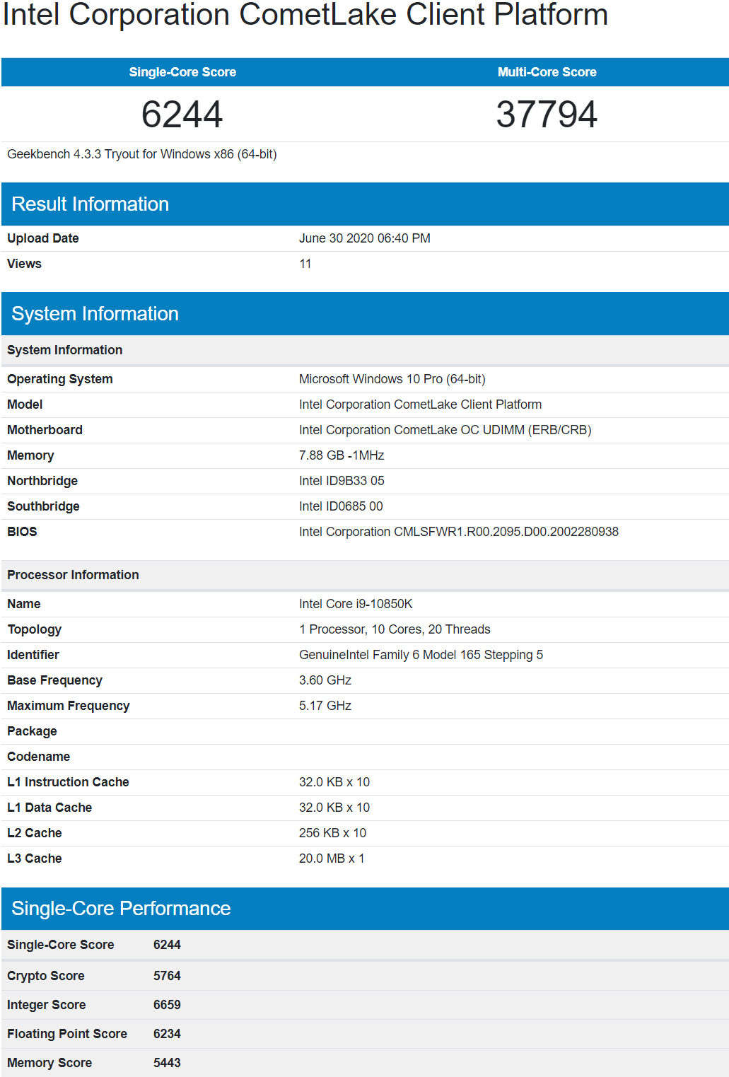 core -9 10850k geekbench